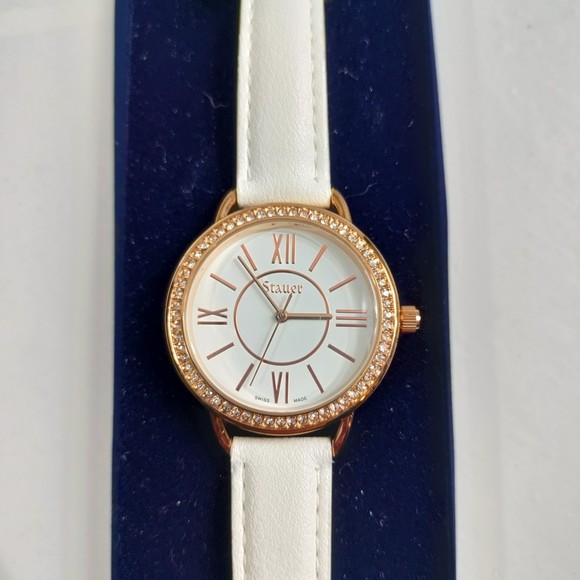Stauer Swiss Made Watch Jeweled Case White Face Roman Numerals White Strap - Picture 3 of 8